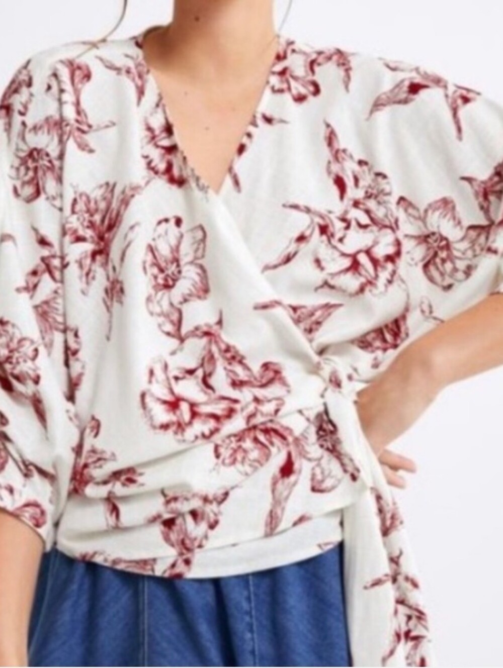 Zara XS Asymetrical Wrap Top Floral Linen Blend Bat Kimono Sleeves
